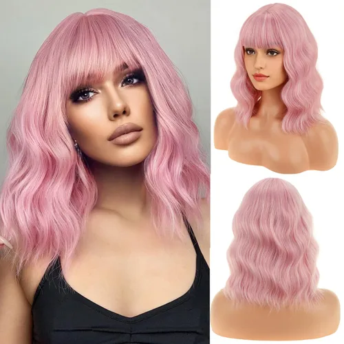 Miniatura 20 de BERON 14 Inches Ash Blonde Wig with Bangs Short Curly Wig Short Ash Blonde Bob Synthetic Wigs for Women Daily Halloween Party or Cosplay Hairnet