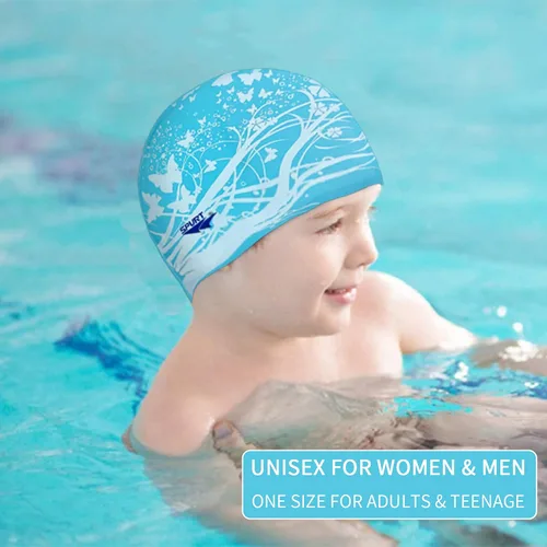 Miniatura 3 de Gorro de natación de silicona impermeable suave para niñas de verano para piscina de mar, gorro de baño para cabello largo Mariposa azul