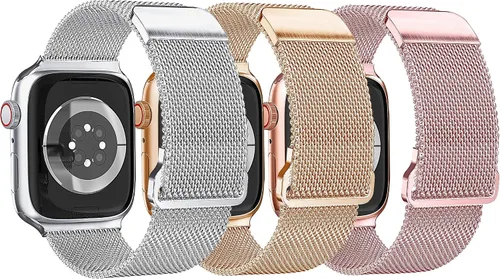 Miniatura 10 de Paquete de 3 correas compatibles con Apple Watch para mujeres de 1.496 in 1.575 in 1.614 in 1.654 in 1.732 in 1.772 in 1.811 in 1.929 in, acero