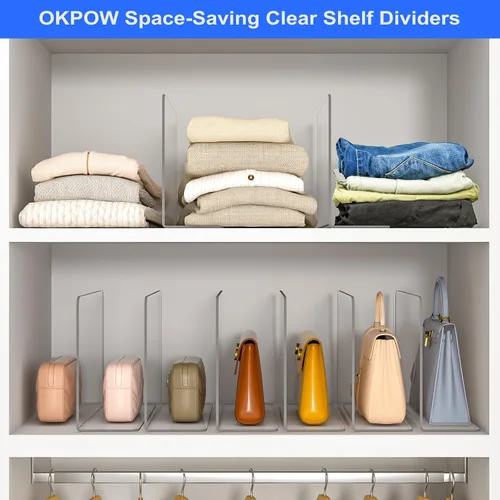 Miniatura 5 de OKPOW Organizador de armario divisores de estantes, 7.5 pulgadas de alto x 11.8 pulgadas de profundidad, acrílico transparente, resistente, separado