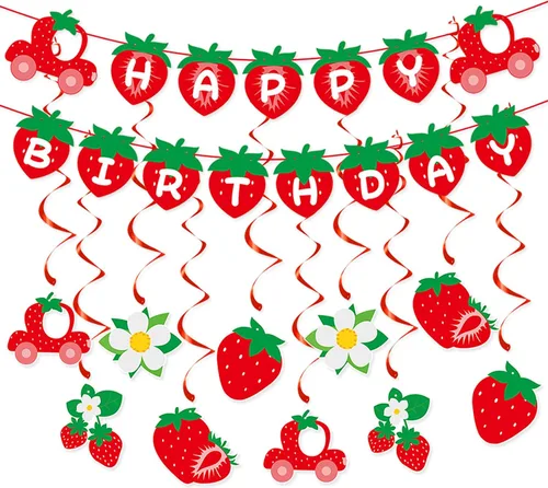 Decoraciones de fiesta de primer cumpleaños con bayas de fresa, 12 piezas de pancarta de feliz bebé, guirnalda de serpentinas de primera flores,
