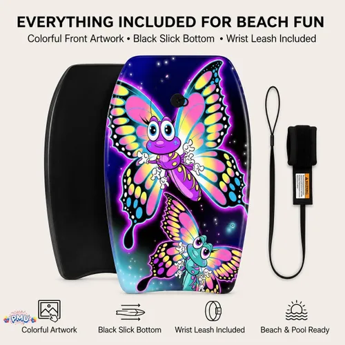 Miniatura 6 de PMU Bodyboard estampado con gráficos, correa de muñeca ligera, parte inferior lisa para playa, mar y piscina, tabla de surf para niños, adolescentes