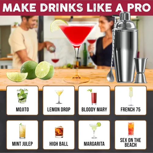 Miniatura 5 de Vaso medidor de acero inoxidable coctelera para Martini Cresimo, 24 onzas y con libro virtual de recetas para cóctel (4 piezas).
