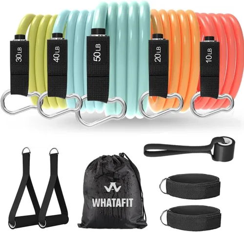 Miniatura 19 de WHATAFIT Bandas de resistencia, bandas de ejercicio, bandas de resistencia para entrenamiento, bandas de entrenamiento con asas para hombres y Multi