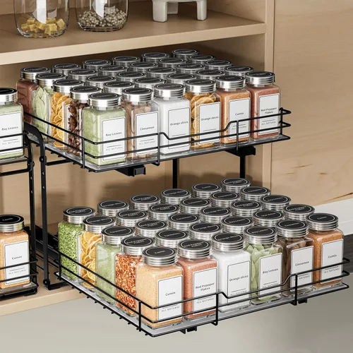 Miniatura 9 de BOIVSHI Estante de especias de 2 niveles, organizador de estantes de especias extraíbles para gabinete, cesta de metal resistente de altura
