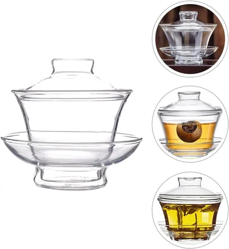 Miniatura 3 de Cabilock Taza de té transparente con tapa: taza de té de cristal chino japonés Gaiwan Bowl Mug para ceremonia Kung Fu Accesorios Estilo 2