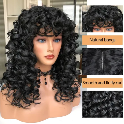 Miniatura 6 de Pelucas afro rizadas para mujeres negras, peluca larga y rizada con flequillo, fibra sintética esponjosa, sin pegamento, para cosplay y uso diario