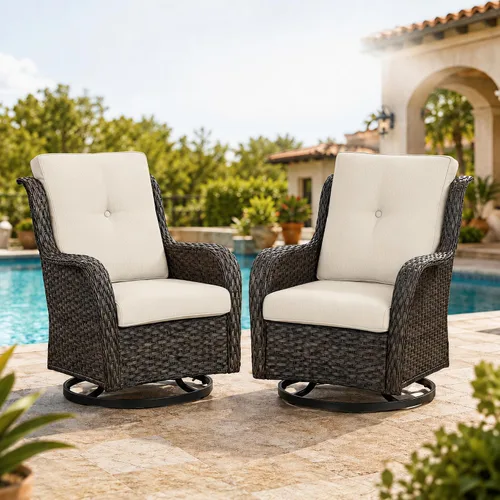 HUMMUH Juego de 2 sillas giratorias de mimbre para patio, juego de muebles de ratán (marrón/beige)