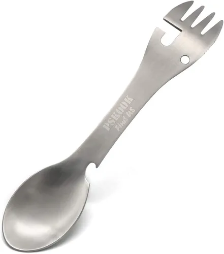 PSKOOK Cuchara-tenedor (Spork) táctico utilitario 5 en 1, cuchara de acero inoxidable y abrebotellas, tenedor y cuchillo, combo abrelatas, utensilio