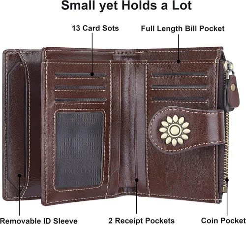 Miniatura 4 de Lavemi Cartera de cuero para mujer, pequeña, compacta, con bloqueo RFID, con bolsillo con cremallera
