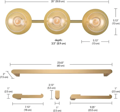 Miniatura 4 de Globe Electric 63000009 - Juego de baño todo en uno de 5 piezas, latón mate, luz de tocador de 3 luces de 20 pulgadas, toallero, anillo de toalla
