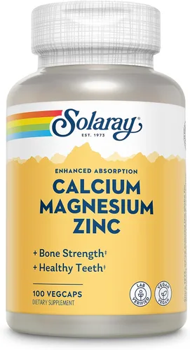 Solaray - Calcio, magnesio, zinc | Alta absorción con ácido glutámico | Huesos, dientes, nervios, músculos, corazón saludables, y apoyo de la