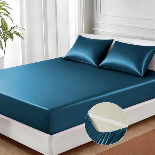 Miniatura 18 de MR&HM Sábana bajera de satén tamaño individual, sábana inferior sedosa con correas elásticas en las esquinas, bolsillo profundo de hasta 15