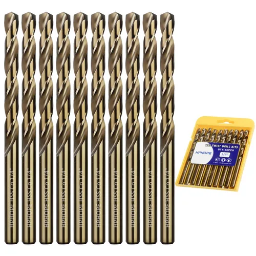 Brocas de cobalto de 1/4 pulgada 10 piezas - Juego de brocas de metal con torsión de HPHOPE M35 HSS, brocas de trabajo de longitud y vástago recto,