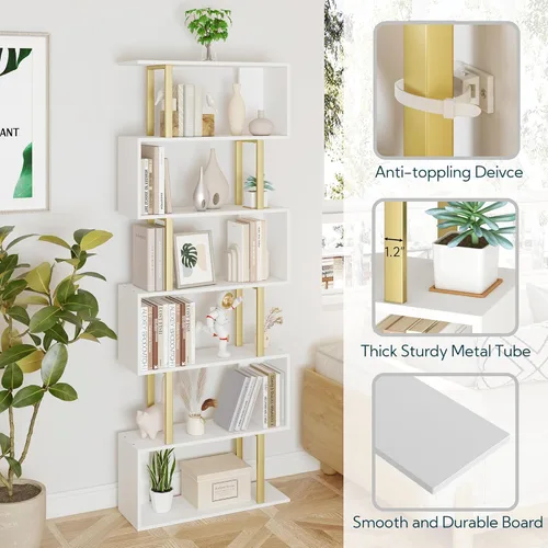 Miniatura 7 de Yusong Estantería Geométrica, Estantería en Forma de S de 6 Niveles para Dormitorio, Estante Decorativo de Exhibición de Madera Moderna, Estantería
