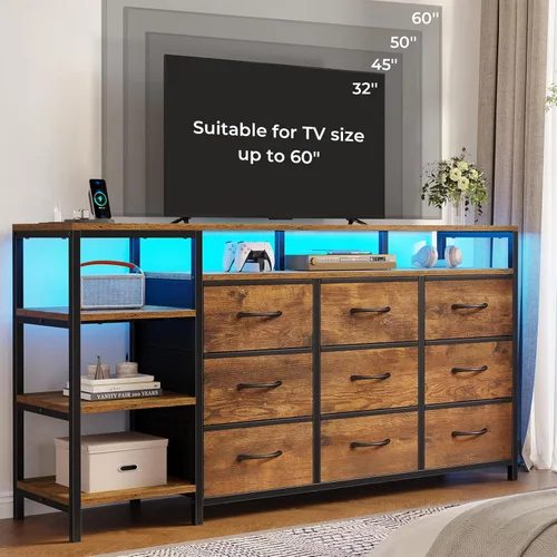 Soporte de TV para 60 Pulgadas, Cómoda con Estación de Carga y Luces LED, 9 Cajones de Tela, Centro de Entretenimiento y Mesa Consola Industrial con