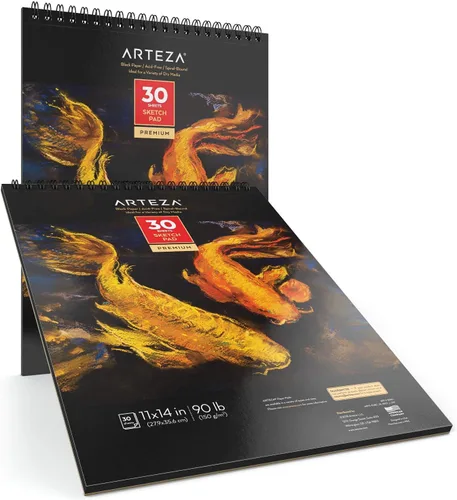Miniatura 6 de ARTEZA Cuaderno de bocetos en espiral de 11 x 14 pulgadas, bloc de dibujo de papel de arte negro, paquete de 2 unidades de 30 hojas para dibujar