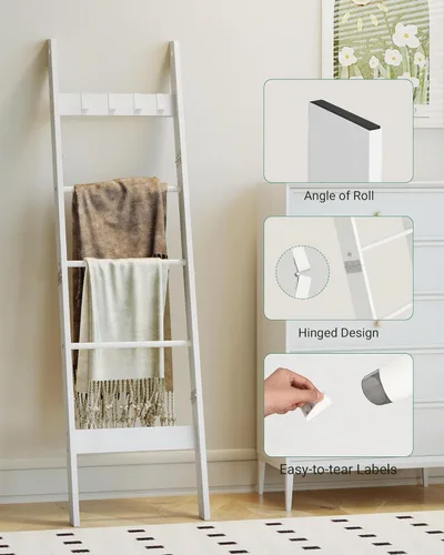 Miniatura 7 de Hzuaneri Escalera para manta para sala de estar, estante decorativo para edredón con 4 ganchos extraíbles, 5 niveles de soporte de escalera de Blanco