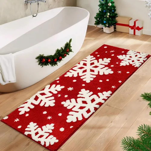 Miniatura 2 de Alfombra de baño roja para decoración de baño, alfombra de baño roja, antideslizante, nieve blanca, decoración del hogar, alfombra de ducha