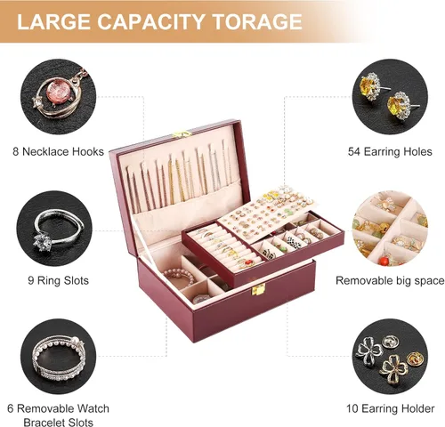 Miniatura 5 de Sanikeon Cajas de joyería para mujeres y niñas, caja organizadora de joyas de piel sintética de 2 capas, caja de almacenamiento de joyas grande