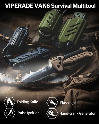 Miniatura 2 de VIPERADE VAK6 Multiherramienta de supervivencia con cuchillo plegable, linterna LED, encendido por pulso y generador de manivela, cuchillo