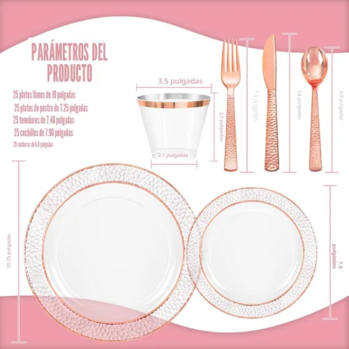 Miniatura 2 de Ciaell 150 platos de plástico de oro rosa – Platos desechables con cubiertos de plástico de oro rosa incluyen 50 platos, 25 tenedores, 25 cuchillos