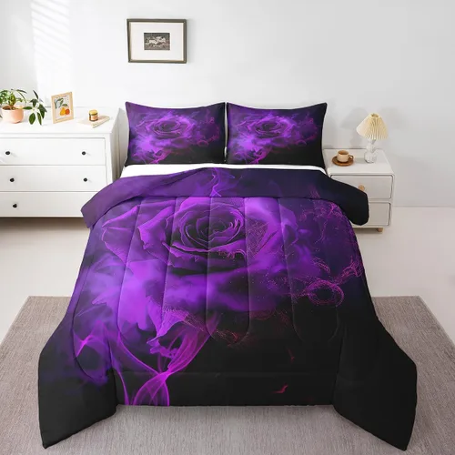 Miniatura 25 de Juego de edredón de rosas rojas, tamaño individual, juego de ropa de cama floral rojo degradado negro para niñas, mujeres, niños, adolescentes