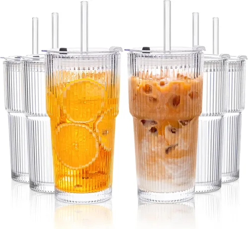 Miniatura 11 de KEMORELA Paquete de 2 vasos de vidrio acanalado de 20 onzas con tapas y pajitas de vidrio, tazas de café helado vintage, vasos reutilizables