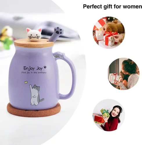 Miniatura 7 de Taza Linda de Gato de Cerámica para Café con Tapa de Madera de Gato Kawaii, Encantadora Cuchara de Acero Inoxidable, Posavasos de Madera Engrosada