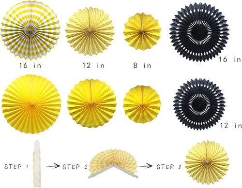 Miniatura 6 de Decoración de fiesta de color amarillo y negro – Cartel de feliz cumpleaños con globos, banderines triangulares, espirales colgantes, abanicos