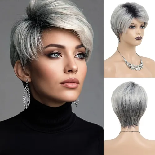 Miniatura 16 de SEVENCOLORS Pelucas cortas de cabello sintético con flequillo lateral y rubio mezclado para mujeres blancas, longitud al hombro, pelucas de cabello