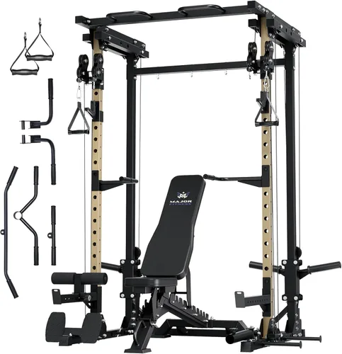 Miniatura 21 de MAJOR FITNESS Drone3 Power Rack, banco de sentadillas para gimnasio en casa de 2500lbs multifunción con sistema de polea doble, barra de tracción
