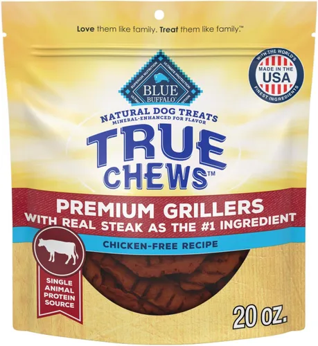Blue Buffalo True Chews Premium Grillers - Golosinas para perros, fabricadas en los Estados Unidos con ingredientes naturales, bistec, bolsa de 20