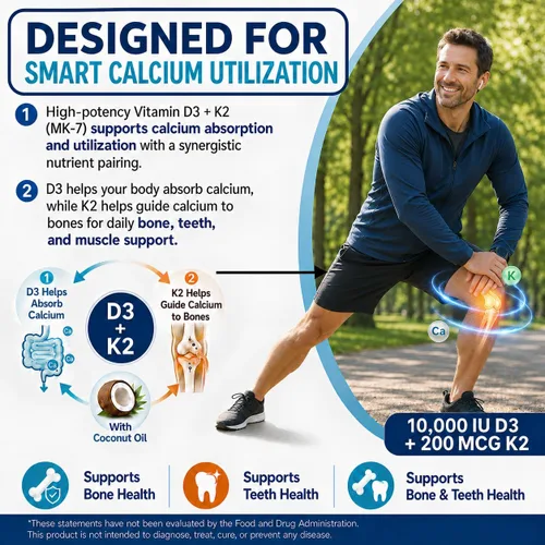 Miniatura 2 de PANWELL Vitamina D3 K2 10000 UI cápsulas blandas con MK-7 200 mcg, suplemento D3 K2 con aceite de coco, apoya la absorción de calcio, hueso, dientes