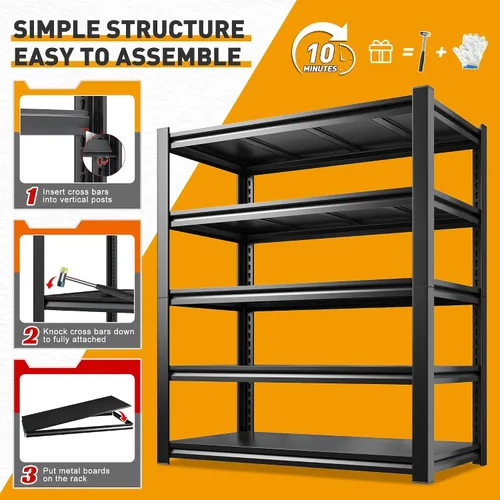 Miniatura 9 de REIBII Estantes de almacenamiento de 72 pulgadas de alto, estantería de garaje resistente de 2500 libras, estante de metal ajustable de 5 niveles