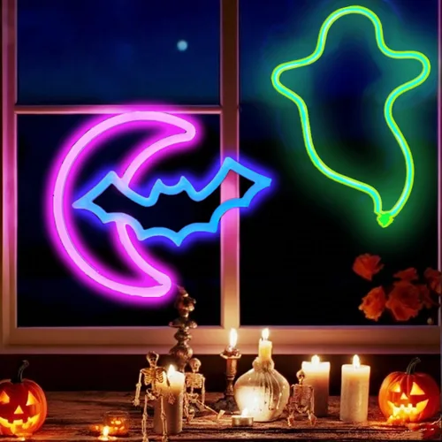 Miniatura 14 de Letreros de neón de murciélago para dormitorio, mesita de noche, decoración de pared, decoración de Halloween, luces LED de noche, adornos de mesa