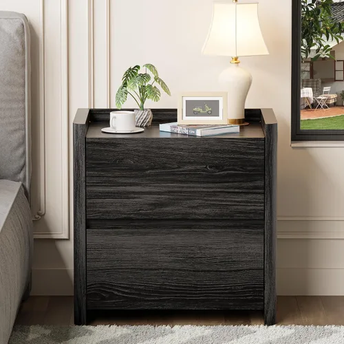 Miniatura 6 de Mesita de noche con 2 cajones de almacenamiento, mesa auxiliar moderna para dormitorio con asa recortada, mesitas de noche grandes para dormitorio