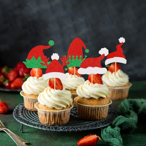 Miniatura 6 de Ercadio Paquete de 25 adornos para cupcakes de Papá Noel y elfo - Sombreros de Papá Noel con purpurina, sombreros de elfo, palillos para cupcakes