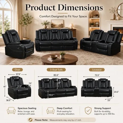 Miniatura 2 de Juego de sofá de cuero reclinable eléctrico, 3 piezas, asientos de cine en casa con luces LED, carga inalámbrica, puertos USB, consola de Negro