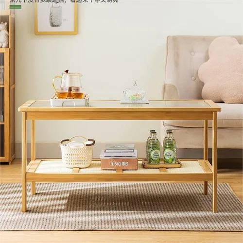 Miniatura 4 de Gdrasuya10 Mesa de centro moderna de bambú para sala de estar, mesa auxiliar rectangular de 2 niveles, mesa central de vidrio, estante
