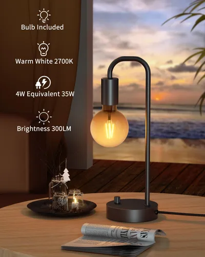 Miniatura 3 de ONEWISH Lámpara de mesa industrial para dormitorio, lámparas de noche modernas totalmente regulables con bombilla de luz cálida de 2700K