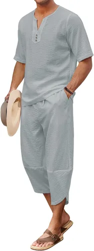 COOFANDY Conjunto de 2 piezas de lino para hombre, camisa Henley de manga corta y pantalones capri harén, pierna ancha, holgados, pantalones de yoga