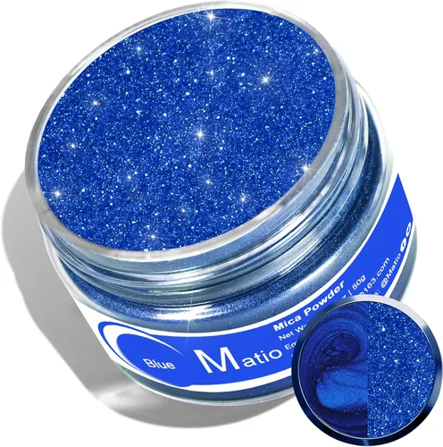 Matio Polvo de mica azul para resina epoxi, 50g/1.8oz Polvo de mica con efecto nacarado Pigmento de color natural para fabricación de jabón, bomba
