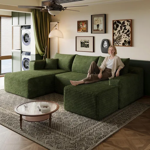 Miniatura 51 de Sofá modular en forma de L de 96 pulgadas con diván, moderno y cómodo sofá de pana para sala de estar, sofá de espuma viscoelástica, no requiere