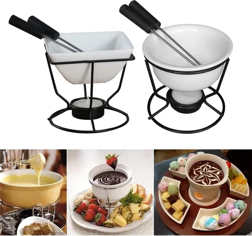 Miniatura 7 de Juego de fondue de mariscos personales de cerámica con vela de estante, dos tenedores, utilizado para salsa derretida mantiene el calor