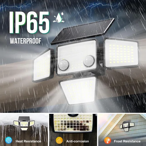 Miniatura 6 de LYWALT Luces solares para exteriores – 3000 lm, 188 luces LED con sensor de movimiento, 4 cabezales IP65, luces de inundación de seguridad