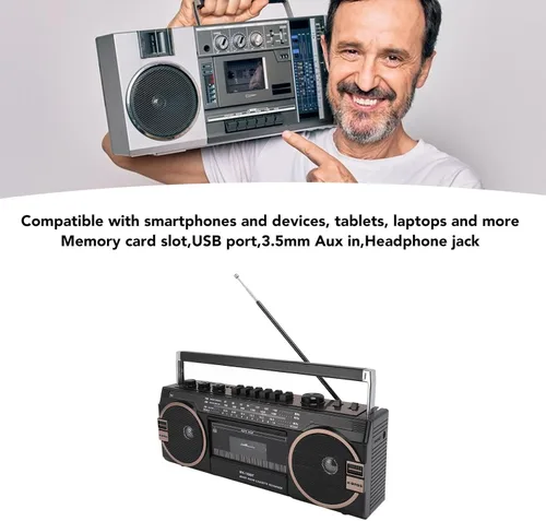 Miniatura 2 de Reproductor de casete portátil, Retro Blueooth, AM FM SW Radio estéreo reproductor de cinta de casete con altavoz grande y conector