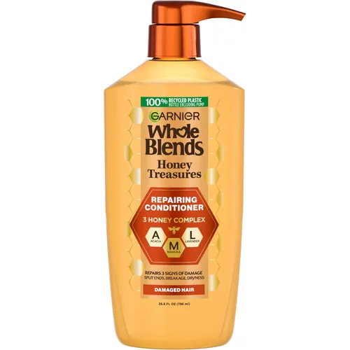 Garnier Whole Blends Honey Treasures - Acondicionador reparador, fórmula de reparación del cabello para cabello seco y dañado con mieles de acacia,