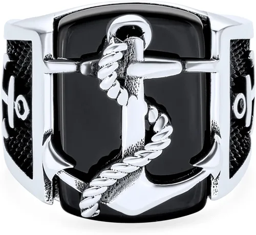 Miniatura 3 de Personalize Mens Nautical Black Onyx Gemstone Or Etched Brown Wood Inset Large Boat Anchor Signet Ring For Men Solid 925 Sterling Silver Made In