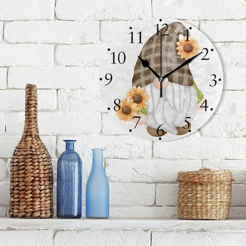 Miniatura 5 de Reloj de pared de gnomo de girasol, silencioso, sin tictac, arte moderno, redondo, reloj de pared colgante con pilas, para cocina, sala de estar